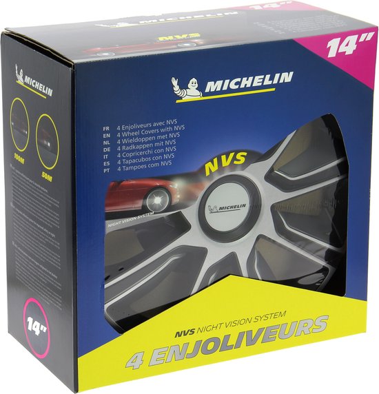 Michelin wieldoppen 14 inch, zilver met zwarte spaken en NVS.