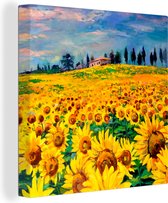 Canvas schilderij - Zonnebloem - Bloemen - Olieverf - Natuur - Schilderijen op canvas - 20x20 cm - Canvas natuur - Wanddecoratie