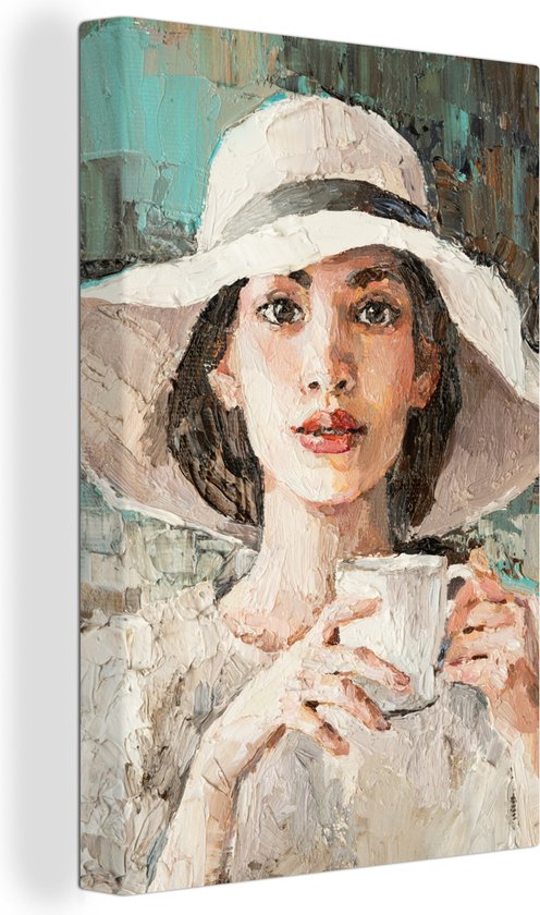 Tableau Tableau - Femme - Peinture à l'Huile - Chapeau - Café - 60x90 cm - Décoration murale