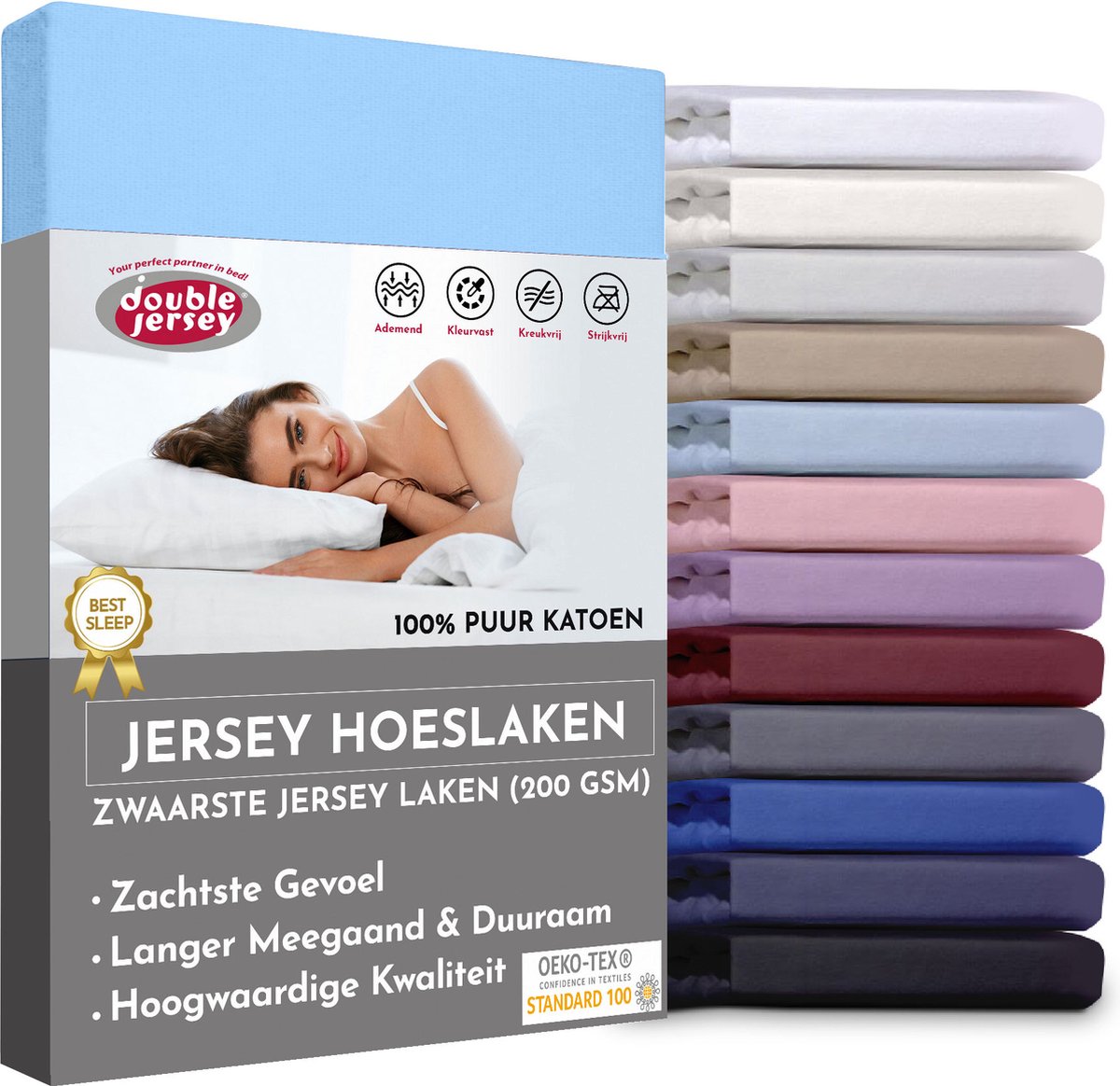 Double Jersey Hoeslaken - Hoeslaken 200x200+30 cm - 100% Katoen Hemelsblauw