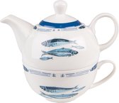 Clayre & Eef Tea for One 400 ml Wit Blauw Porselein Vissen Theepot set