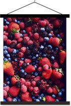 Posterhanger incl. Poster 60x80 cm - Schoolplaat - Aardbeien - Blauwe bes - Stilleven - Textielposter - Zwarte latten