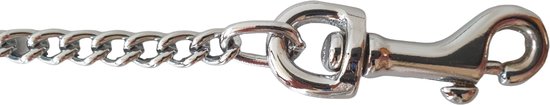 Close-up van een zilverkleurige karabijnsluiting aan een schakelketting.