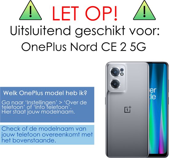 Twee OnePlus Nord CE 2 5G telefoons, één grijs en één met blauwe gloed, met tekst 'LET OP! Uitsluitend geschikt voor: OnePlus Nord CE 2 5G'.