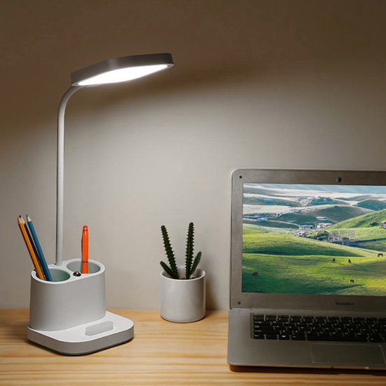 Lampe de Bureau LED Rechargeable 3 en 1 Éclairage Porte-Stylo et Support  Téléphone