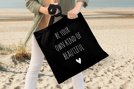 Sac bandoulière - Sac de plage - Shopper Citation anglaise Be your own kind of beautiful avec un coeur sur fond noir - 45x45 cm - Sac en coton