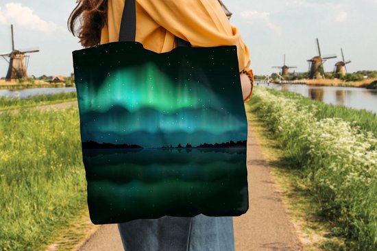 MuchoWow® Schoudertas - Strandtas - Big Shopper - Boodschappentas - Noorderlicht - Sterrenhemel - Nacht - 40x40 cm - Katoenen tas