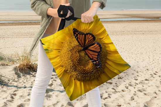 MuchoWow® Schoudertas - Strandtas - Big Shopper - Boodschappentas - Zonnebloem - Vlinder - Lente - 45x45 cm - Katoenen tas