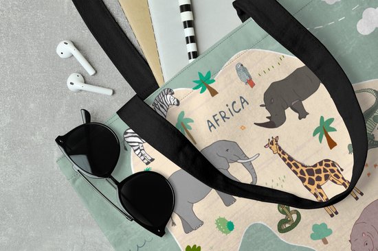 Sac bandoulière - Sac de plage - Shopper Afrique - Wereldkaart - Enfants - Animaux - 40x40 cm - Sac en coton