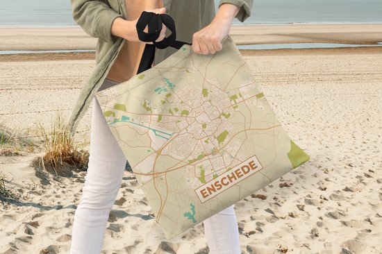 MuchoWow® Schoudertas - Strandtas - Big Shopper - Boodschappentas - Stadskaart - Enschede - Vintage - 45x45 cm - Katoenen tas
