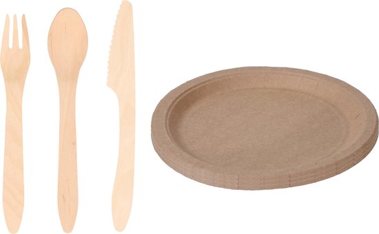 HOMURG Wegwerp borden en houten bestek, 30-delige set, wegwerpserviesset met dessertborden, platte borden, vork mes lepel, 150 stuks, feestserviesset met papieren borden en houten bestek voor 30