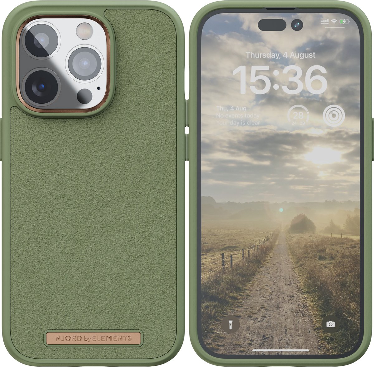 Njord byELEMENTS iPhone 14 Pro hoesje - Telefoonhoesje van Hoogwaardig Suede - Gereycled / Duurzaam materiaal - 2 Meter valbescherming - Geschikt voor Magsafe / Draadloos laden - Groen