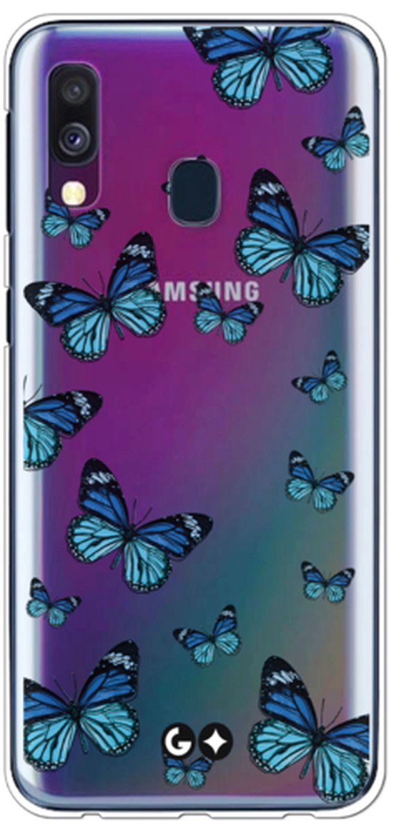 Telefoonhoesje geschikt voor Samsung Galaxy A40 - Transparant Siliconenhoesje - Flexibel en schokabsorberend - Dierencollectie - Beauty Flies - Blauw
