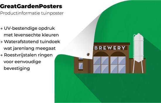 Tuinposter 100x100 cm - Tuindecoratie Illustratie bierbrouwerij op groene achtergrond - Poster voor in de tuin - Buiten decoratie - Schutting tuinschilderij - Tuindoek muurdecoratie - Wanddecoratie balkondoek