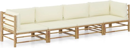 vidaXL Ensemble de salon 4 pièces avec coussins blanc crème en bambou Lus - Chaise longue - Mobilier de jardin extérieur - Salon de jardin - Ensemble de salon