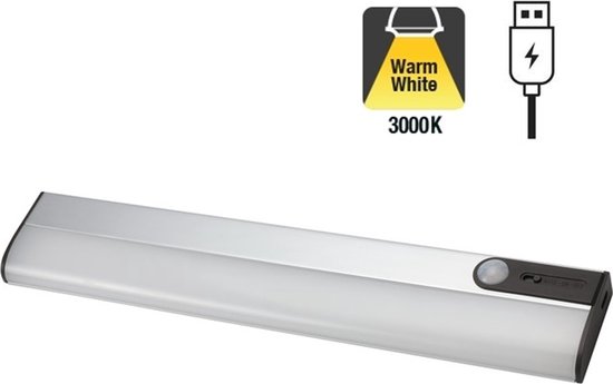 Lampe d' Éclairage d'armoire LED Sensorlux - 261mm - 100 lm - Wit Chaud 3000K - Détecteur de Mouvement PIR - Batterie USB 5v Rechargeable