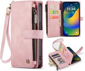 Casemania Hoesje Geschikt voor Apple iPhone 14 Pro Pale Pink - Luxe Portemonnee Book Case met Rits
