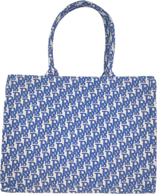 Qischa® designer shopper groot blauw - wit met extra lange riem, geschikt voor A4 schriften
