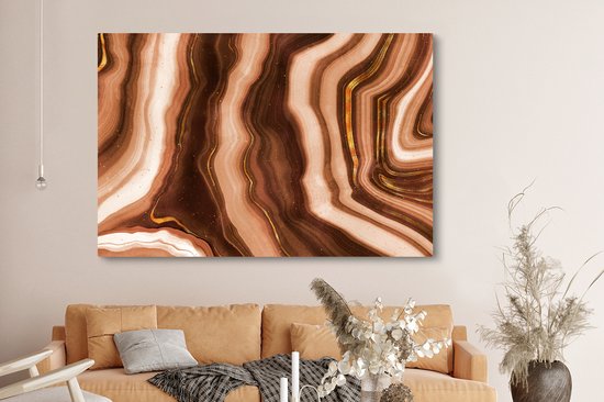 Canvas schilderij 150x100 cm - Wanddecoratie Agaat - Bruin - Goud - Geode steen - Muurdecoratie woonkamer - Slaapkamer decoratie - Kamer accessoires - Schilderijen
