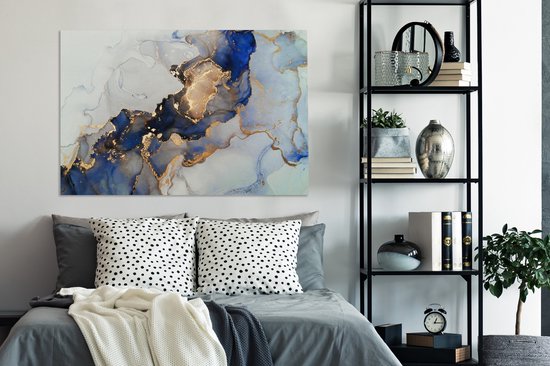 Toile Peinture Marbre - Blauw - Or - 140x90 cm - Décoration murale