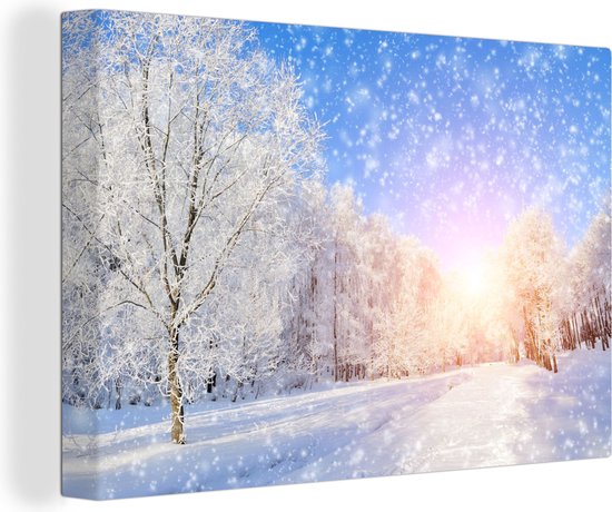 Canvas Schilderij Sneeuw - Zon - Winter - 140x90 cm - Wanddecoratie |  bol.com