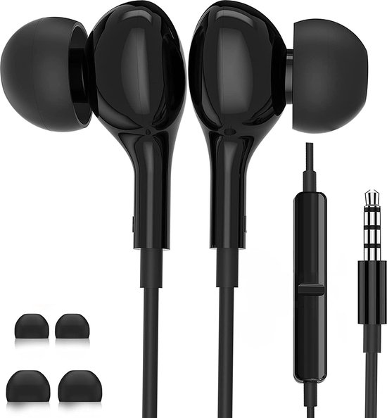 In Ear Bedrade Oordopjes - Oortjes met Draad en Microfoon - Extra Bass - 3 Maten Oordopjes - 3,5mm Jack Audio Aansluiting - 120CM kabel - Zwart