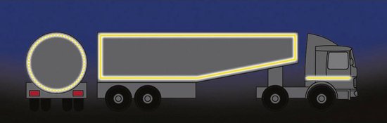 Illustratie van een grijze vrachtwagen met tanktrailer met reflecterende gele accenten.