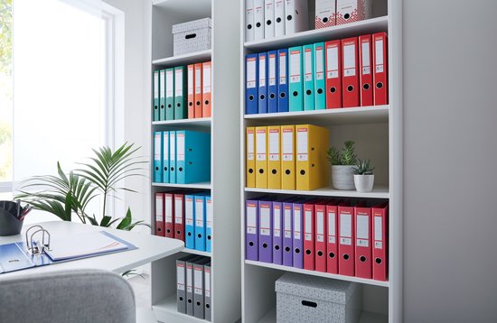 Kantoorkast met georganiseerde ordners in verschillende kleuren.