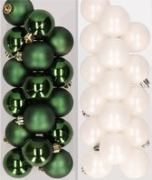 32x stuks kunststof kerstballen mix van donkergroen en wit 4 cm - Kerstversiering