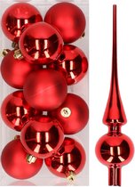 12x Kerst rode kunststof kerstballen met glazen piek glans - Kerstversiering