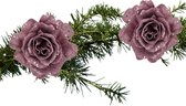 Kerstboom bloemen op clip - 2x stuks - roze glitter - kunststof -10 cm