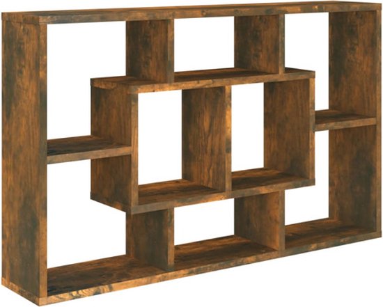 Een bruin wandrek met een verweerde, roestbruine en donkerbruine afwerking, met een geometrisch vakkenindeling.