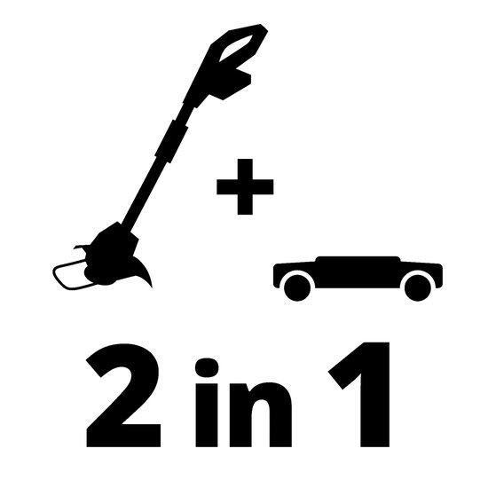Zwart-wit icoon: grastrimmer en grasmaaier, 2-in-1 functie.