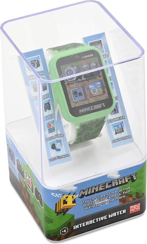 Groen Minecraft smartwatch in verpakking. Het scherm toont diverse apps zoals camera, video en spellen.