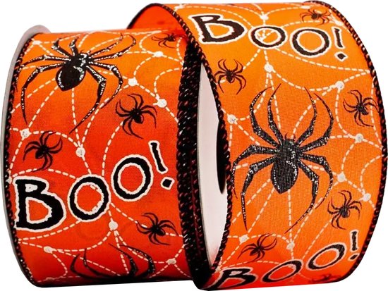 Foto: Halloween lint met ijzerdraad jute burlap linnen look halloweenlint luxe weefband 63mm 6 3cm boo spinnen halloweenlint oranje zwart wit zilver decoratielint stoffen lint cadeaulint lengte 3 meter