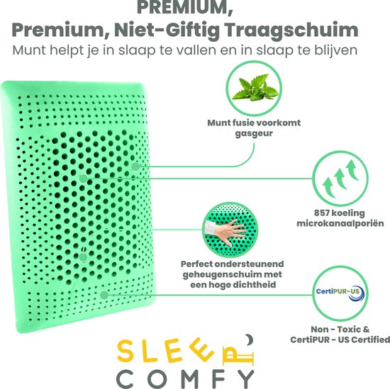 Lichtgroen visco kussen met microkanaalporiën. "Premium, Niet-Giftig Traagschuim Munt".