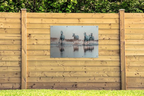 Tuinposter 120x80 cm - Tuindecoratie Wilde witte paarden galopperen door het water in Camargue - Poster voor in de tuin - Buiten decoratie - Schutting tuinschilderij - Tuindoek muurdecoratie - Wanddecoratie balkondoek