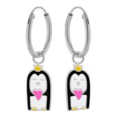Oorbellen meisje | Zilveren kinderoorbellen | Zilveren oorringen met hanger, pinguïn met kroon en hartje