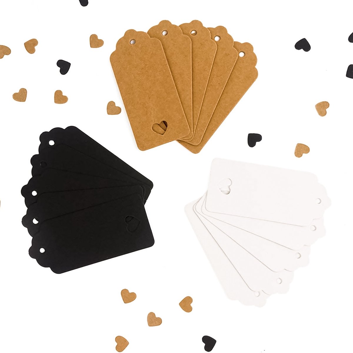 150x Stuks Kraft Karton Labels met 20m Jute Touw - Hart Kartonnen Cadeaulabels met Gaatje en Koord - Bruine, Zwarte & Witte Etiketten - Kraftpapier Naamkaartjes - Blanco Prijskaartjes\Prijslabels met Koortje - 9x4cm — cadeau in Hobby - foto 6