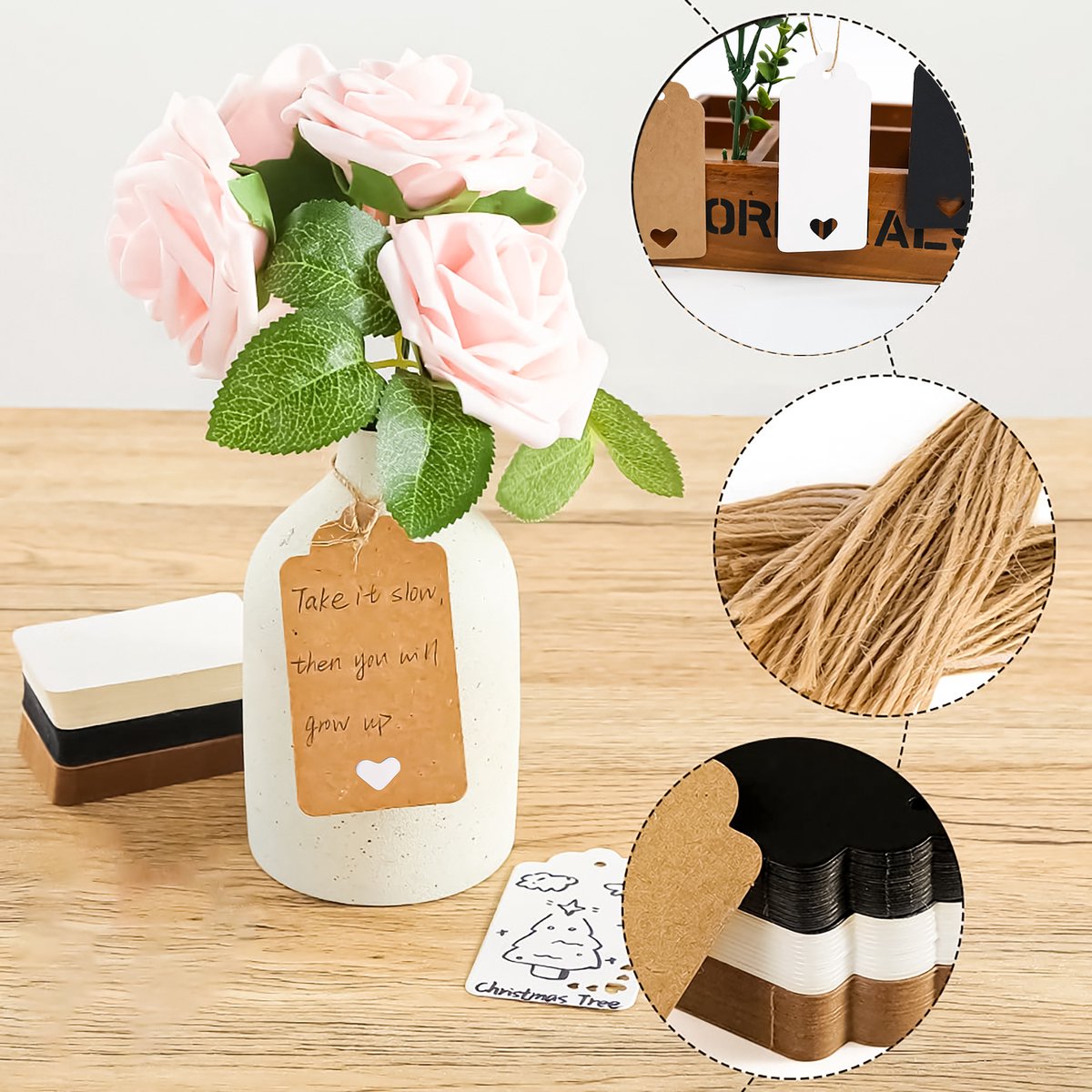 150x Stuks Kraft Karton Labels met 20m Jute Touw - Hart Kartonnen Cadeaulabels met Gaatje en Koord - Bruine, Zwarte & Witte Etiketten - Kraftpapier Naamkaartjes - Blanco Prijskaartjes\Prijslabels met Koortje - 9x4cm — cadeau in Hobby - foto 3
