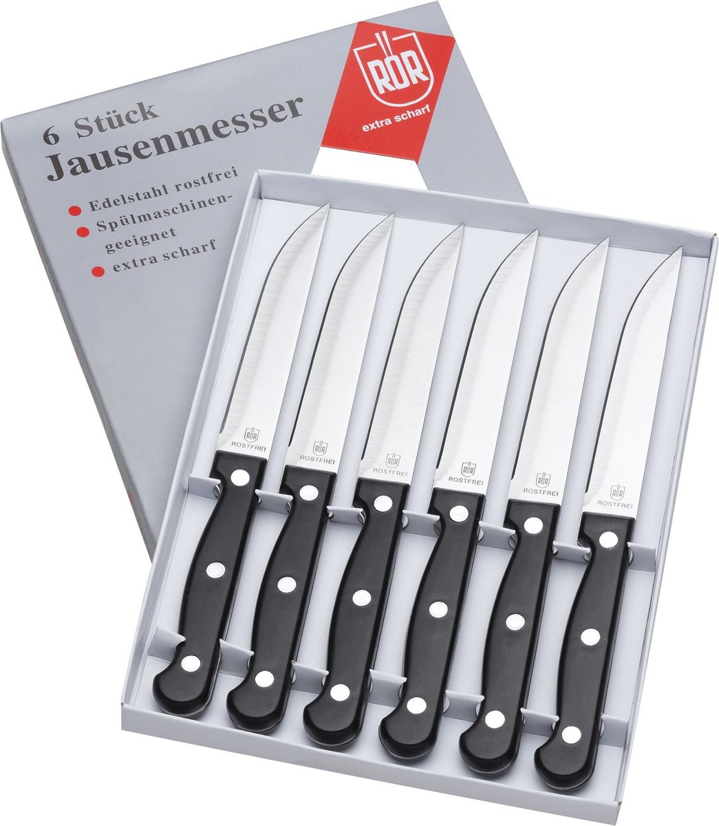 RÖR Solingen Steakmes - Glad - RVS - Lemmet 11.5 cm - Kunststof Heft - 6 delig