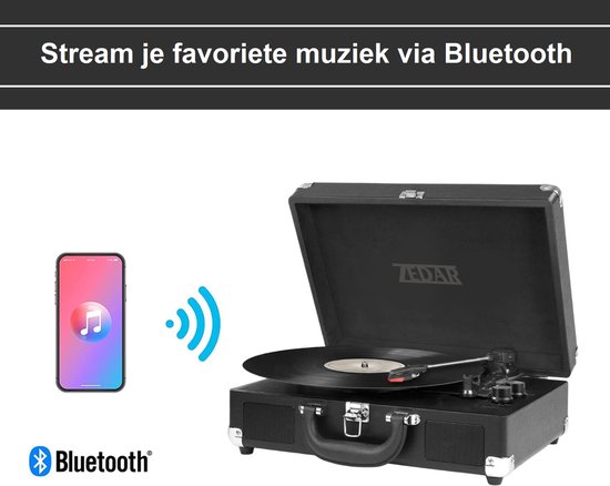 Platenspeler Bluetooth - Retro - Koffer - Met ingebouwde speaker - Zwart van Zedar