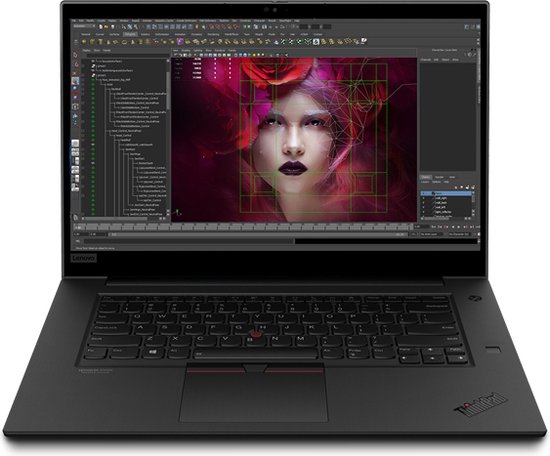 Vooraanzicht van een Lenovo ThinkPad laptop met 3D-ontwerpsoftware op het scherm.