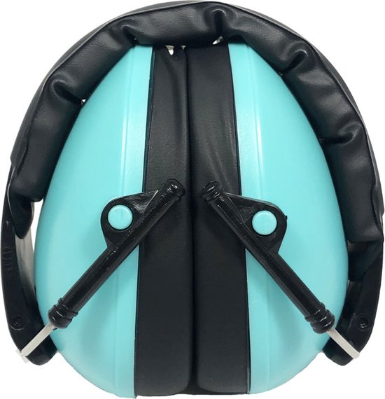 Casque antibruit turquoise pour enfants avec serre-tête noir, replié.