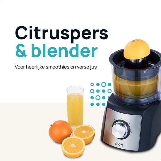 MOA Robot ménager de 1200 Watt - Extra puissant - Avec accessoires pour utilisation comme presse-agrumes, mixeur etc. - Noir avec acier inoxydable - FP511