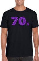 Zwart 70s t-shirt met paarse glitters heren - 70s/80s/disco XL