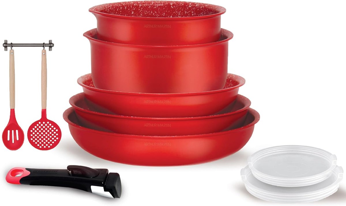 SnelShoppen - 10-delige aluminium pannenset met gripcoating, koekenpannen 20-22-26 cm, steelpannen 16-18 cm, luchtdicht deksel, rood, ideaal voor keuk