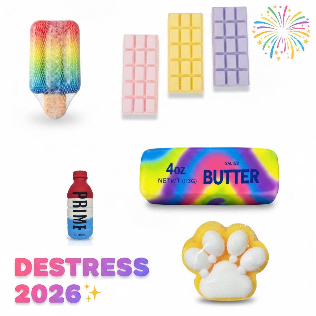 Happy Trendz® - 2026 Hype | Super Gift | Sensorisch Speelgoed | Bekend van Socials | ASMR | 5-Delige ASMR Squishy Fidget Toys Bundel | Slow Rise Kawaii Squishy Super Squishy Set | Voordeel | Popsicle, Butter, Cat Paw Taba, Chocolade & Prime Fles