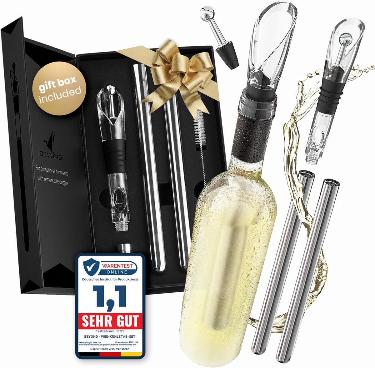 Wijnkoelstaaf met Schenktuit – Cadeauset – RVS Wijnkoeler – Druppelvrij – Herbruikbaar – Voor Standaard Wijnflessen