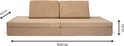 Bruine speelgoedbank van BAAAP met afmetingen 168cm breed, 84cm diep en 22cm hoog.